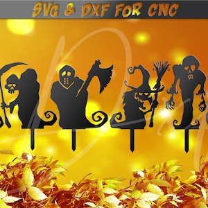 Funny halloween piquets SVG, sorcière CNC, cour fantôme, décor de jardin, décor d'halloween, fichier DXF 6 signes pour plasma, vecteur de vinyle jet d'eau laser