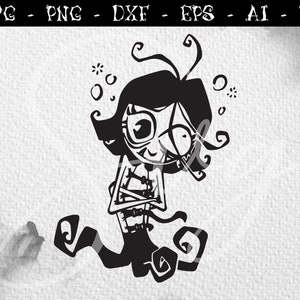 Può includere: Illustrazione digitale in bianco e nero di una ragazza dei cartoni animati con un'espressione folle, che indossa una camicia di forza e circondata da linee vorticose.