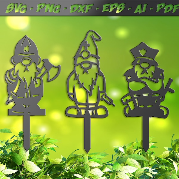 Garden gnome enjeux svg, 3 signes, pompier, médecin, policier, fichier DXF pour plasma, laser, jet d'eau vecteur vinyle