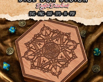 Puede incluir: Una caja de dados hexagonal de madera con un intrincado diseño grabado, rodeada de dados y monedas. El texto superior dice "DICE BOX DESIGN" y "Digital Download". Formatos de archivo: SVG, PNG, DXF, EPS, AI, PDF.