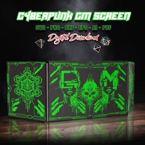 May include: A three-panel game master screen with a cyberpunk theme. The screen is black with neon green circuit-style designs and the text "CYBERPUNK GM SCREEN". The design includes geometric shapes, faces, and a skull. The words "Digital Download" are also present.