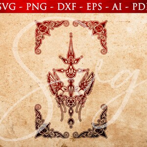 May include: A red and black geometric design with two birds facing each other. The design is framed by four corner pieces with a geometric design and a red gemstone in each corner.