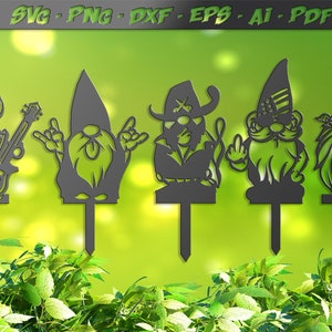 Rock & Roll Garden gnome enjeux svg, 5 signes fichier DXF pour plasma, laser, jet d'eau vecteur vinyle