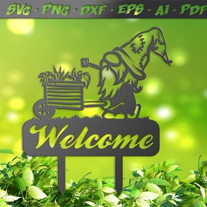 Garden gnome stakes svg, Gnome Monogram Yard Sign, archivo DXF de signo de bienvenida para plasma, láser, vector de vinilo de chorro de agua