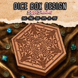 May include: A wooden, hexagonal dice box with an intricate engraved design. The box features a central geometric pattern and decorative borders. The image includes dice and coins, with the text "DICE BOX DESIGN" and "Digital Download".