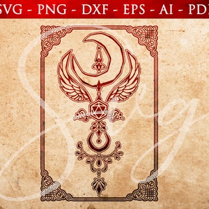 May include: A red and white geometric design with a crescent moon, wings, and a stylized flower. The design is framed in a decorative border.