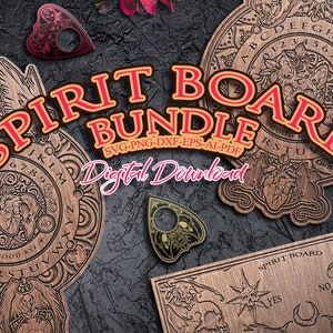 May include: A digital download bundle of three spirit board designs. The boards are made of wood and feature intricate carvings of various symbols, including letters, numbers, and a heart. The boards are surrounded by a black background and a few red flowers.