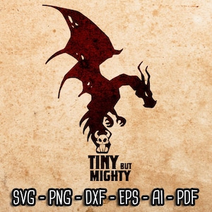 Puede incluir: Una silueta roja de un dragón con un pequeño dragón debajo. El texto "Tiny But Mighty" está debajo de los dragones.