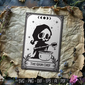 The Grim Chef tarotkaart SVG, grappige grim reaper, Snarky skelet Halloween Tarotkaart Witchy Tarot, Tarotkaart Svg-bestand knippen sublimatie