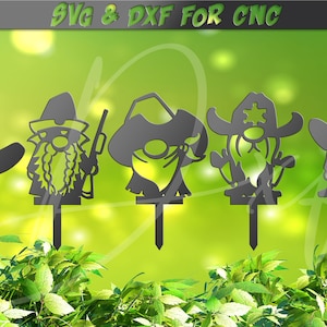 Cowboy Gartenzwerg Pfähle svg, Texas Gnome, Wild West Gnome Pfahl Western gnome, 5 Zeichen DXF-Datei für Plasma, Laser, Wasserstrahl Vinyl Vektor