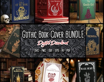 Könnte beinhalten: Ein Bündel von 10 gotischen Buchcover-Designs im digitalen Format. Die Cover zeigen Illustrationen von einem Vogel und Mond, einem Kerzenmädchen, einer Medusa, einem Spukbuch, einem schwarzen Fenster und einem schwarzen Herzen. Der Text auf den Covern lautet "The Bird + The Moon", "The Candle Girl", "Medusa", "Haunted Book", "Black Window" und "Black Heart".
