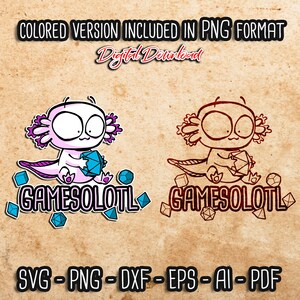 Gamesolotl SVG & Clipart, Gamer Axolotl svg, süßes Axolotl PNG, D20, lustiges Axolotl, Rpg-Spiele, nerdiges Axolotl schneiden