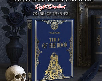 Könnte beinhalten: Ein blauer Buchumschlag mit einem goldenen, verzierten Rahmen und einer goldenen Illustration einer Frau mit einer Krone. Der Titel des Buches lautet "TITLE OF THE BOOK" und der Text "YOUR NAME" befindet sich über dem Titel. Der Buchumschlag liegt auf einer dunklen Holzoberfläche mit einer schwarzen Feder und einem weißen Schädel.