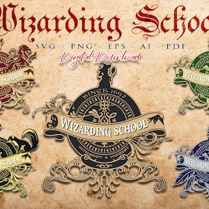 Wizarding School Emblem SVG, wizard house PNG, Wizards School, wizard party banners, Wizard Academy Logo, Instant Download, Cricut Cut Files
