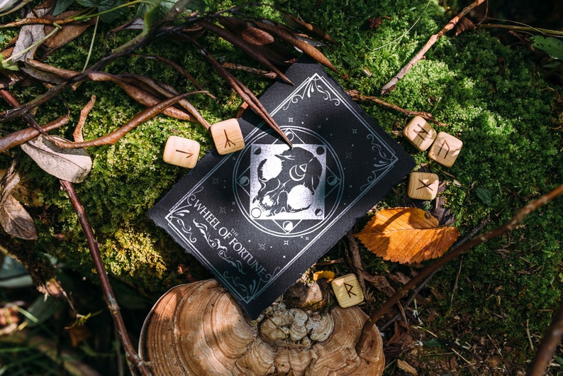 May include: A black card with silver lettering that reads "The Wheel of Fortune" and a silver wolf design. The card is surrounded by wooden runes with Norse symbols.