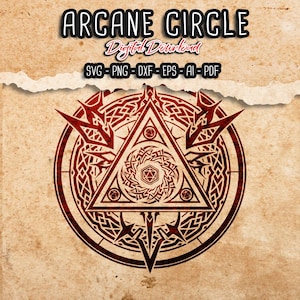 Peut inclure: Graphique de téléchargement numérique avec un cercle arcanique rouge et un triangle au centre. Le design comprend le texte "ARCANE CIRCLE" et les options de type de fichier : SVG, PNG, DXF, EPS, AI et PDF.