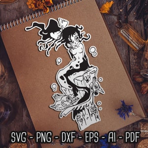 Meerjungfrau & Muräne SVG für Cricut, Meerjungfrau SVG, Sirene Frau, witchy Vibes beachy, Skelettfisch, Seeungeheuer, Gothic SVG digitale Dateien