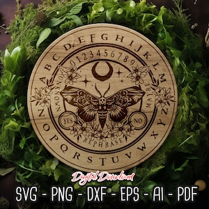 蛾と花の振り子ボード SVG、ダウジング占いメッセージボード、スピリットボード SVG、ハロウィーンの装飾、ゴシック SVG、デジタルファイル