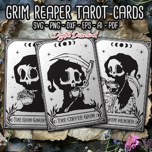 Carte de tarot drôle de faucheuse BUNDLE SVG, cartes de tarot drôles, jolies cartes de tarot, squelette amour Svg, tarot de sorcière, fichier coupé par sublimation