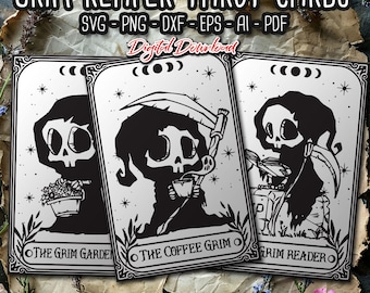 May include: Three black and white tarot cards featuring a cartoon Grim Reaper with different accessories. The cards are titled "The Grim Garden", "The Coffee Grim", and "Grim Reader".