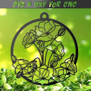 Atrapasueños de flores de amapolas SVG y DXF, archivos CNC de vidrieras, archivo dxf de atrapasol con adornos de vidrio para plasma, vector de vinilo con chorro de agua láser