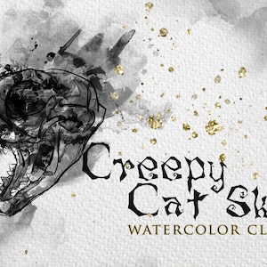 May include: A black and white watercolor illustration of a creepy cat skull with gold glitter accents. The text "Creepy Cat Skull Watercolor Clipart" is below the skull.