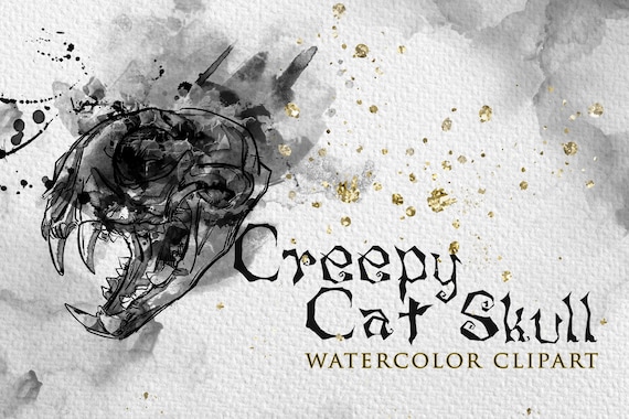 Creepy Cat Skull Watercolor Clipart: Gothic Witch PNG (Digital Download)