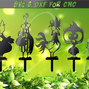 Poules drôles enjeux SVG, poulets CNC, cour de poulet, décor de jardin, animal drôle, fichier DXF 5 signes pour plasma, vecteur de vinyle jet d’eau laser