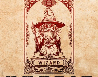 May include: A red and white illustration of a wizard with a long beard and a pointed hat. The wizard is holding a staff and is standing in front of a decorative frame with the word "WIZARD" written on it.