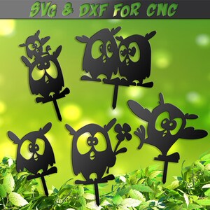 May include: Black metal owl garden stakes in various poses, including one with a flower and another with a baby owl. The stakes are designed for CNC cutting and are set against a green background. Text at the top reads "SVG & DXF FOR CNC".