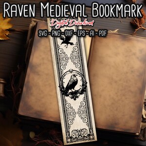 Marcador de cuervo medieval SVG, marcador de fantasía, marcador mágico, artículos de merchandising, regalo para amantes de los libros, archivos digitales