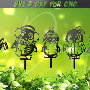 Cute Penguins estacas de jardín SVG, Penguin CNC, Yard Art Garden Decor, animal divertido, archivo DXF de 5 signos para plasma, vector de vinilo de chorro de agua láser