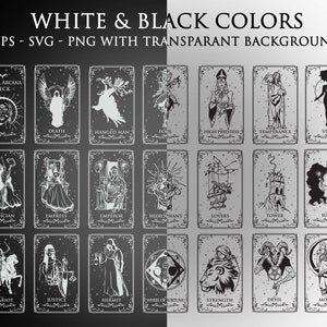 May include: Black and white illustrations of the Major Arcana tarot cards. Each card features a unique design with intricate details. The cards are arranged in a grid pattern, with the title "Major Arcana Deck" at the top.
