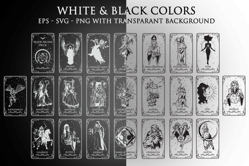 May include: Black and white illustrations of the Major Arcana tarot cards. Each card features a unique design with intricate details. The cards are arranged in a grid pattern, with the title "Major Arcana Deck" at the top.