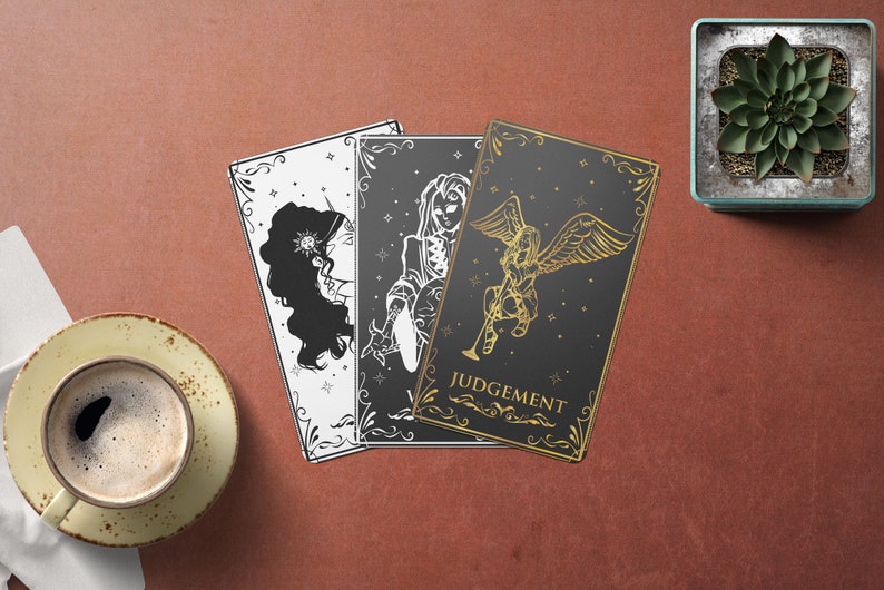 May include: Three tarot cards with black and white illustrations on a red background. The card on the right is black with gold lettering and the text "JUDGEMENT".