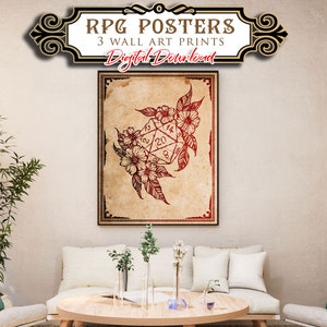 Pode incluir: Um download digital de três pôsteres de arte de parede imprimíveis que apresentam um dado de 20 faces vermelho e branco com acentos florais. Os pôsteres são intitulados "RPG Posters" e "3 Wall Art Prints".