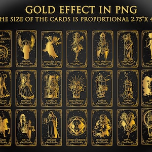 May include: A set of 22 gold tarot cards with black backgrounds and ornate borders. The cards are arranged in three rows, with each card featuring a different image. The cards are 2.75 inches by 4.75 inches.