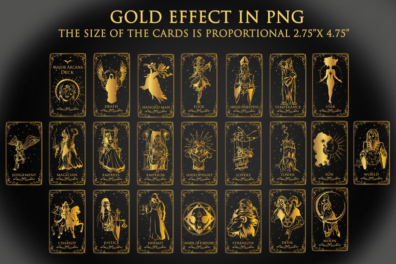 May include: A set of 22 gold tarot cards with black backgrounds and ornate borders. The cards are arranged in three rows, with each card featuring a different image. The cards are 2.75 inches by 4.75 inches.