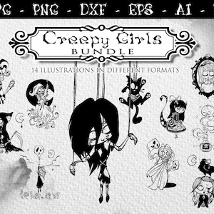 Creepy Girls SVG Bundle: Gothic Witchcraft Illustrations (Digital Download)