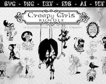 Creepy Girls SVG Bundle: Gothic Witchcraft Illustrations (Digital Download)
