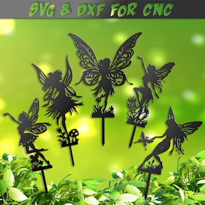 Feengarten Stakes SVG & DXF, Fee CNC-Dateien für Gartendekor, 5 Zeichen Dxf-Datei für Plasmen, Laser Wasserstrahl Vinyl Vektor