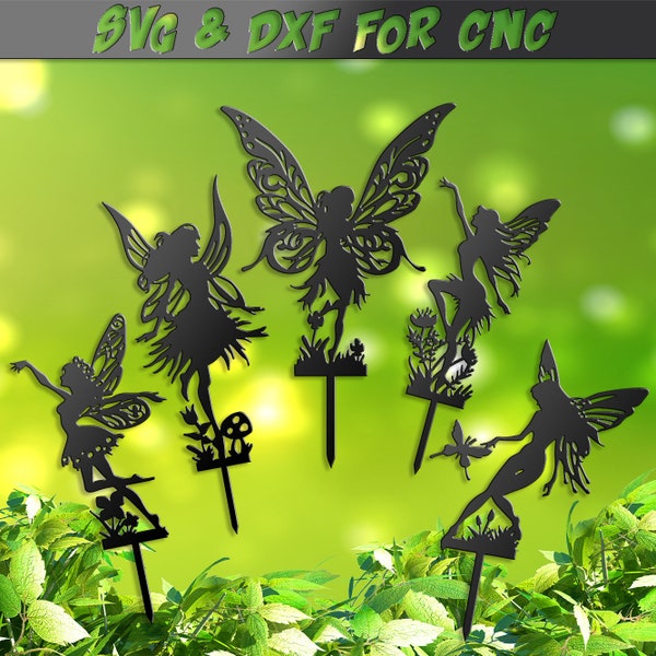 Fairy Garden Stakes SVG & DXF, Fairy CNC files for Garden Decor, 5 signs dxf file for plasma, laser water jet vinyl vector