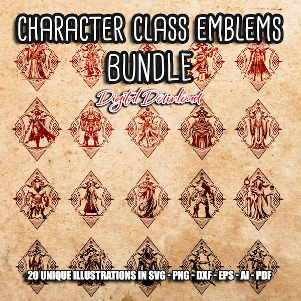 Character Class Emblems Bundle PACK 8, 20 Classic Character design, jeux rpg svg, DM svg, Pathfinder Gamer Role Playing Game, Fichiers numériques