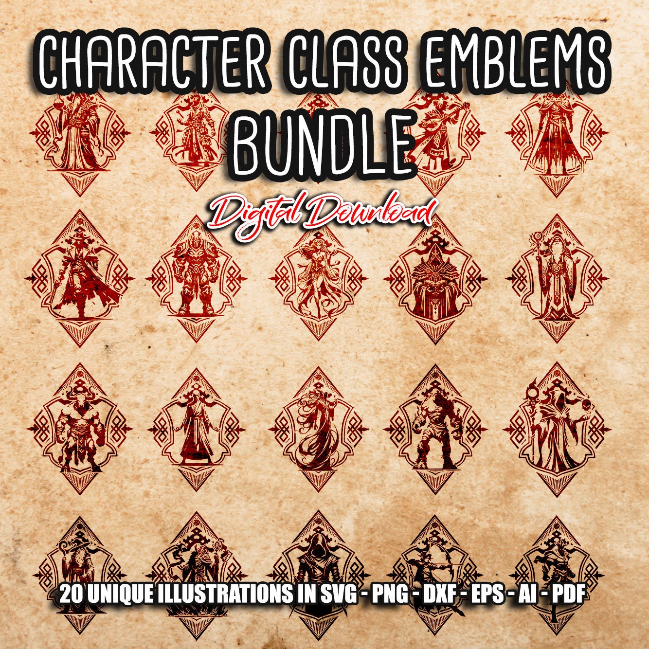 Character Class Emblems Bundle PACK 8, 20 Classic Character design, rpg games svg, DM svg, Pathfinder Gamer Role Playing Game, Digital files