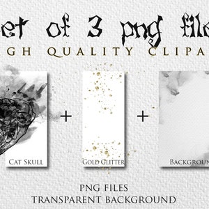 May include: Set of three digital clipart images: a black and white cat skull with watercolor splatters, gold glitter on a white background, and a gray watercolor background.