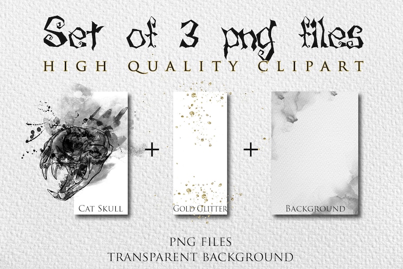 May include: Set of three digital clipart images: a black and white cat skull with watercolor splatters, gold glitter on a white background, and a gray watercolor background.
