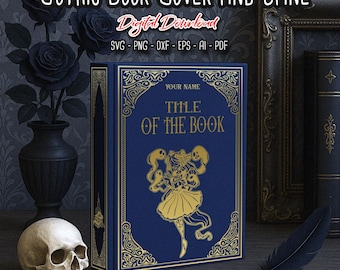 May include: A blue book cover with gold accents and a gothic illustration of a woman with ghosts. The title of the book is "TITLE OF THE BOOK" and the text "YOUR NAME" is at the top of the cover.