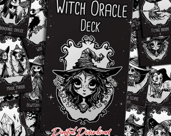 May include: A black and white digital download of a witch oracle deck. The deck features illustrations of witches, magic, and other mystical elements. The cards are designed for use in divination and self-discovery.