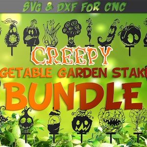 Estacas espeluznantes de jardín de vegetales BUNDLE, 23 marcadores de jardín y plantas de halloween Archivo DXF para plasma, láser, vector de vinilo de chorro de agua