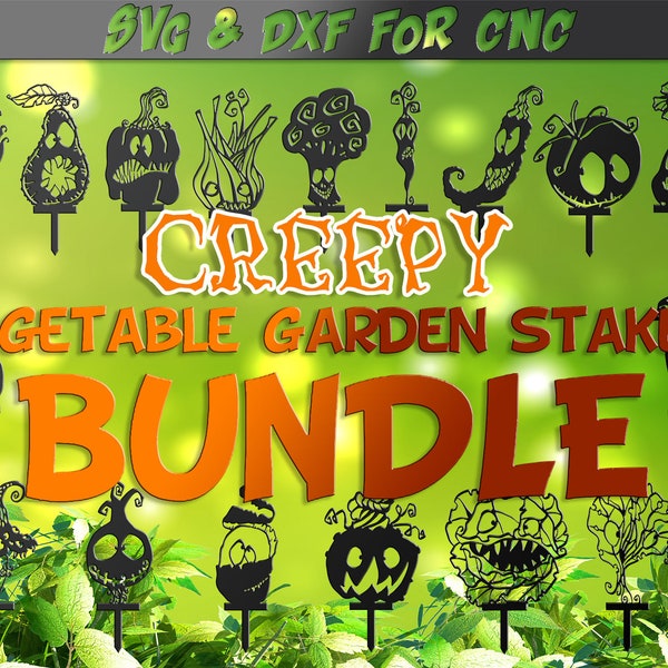 Creepy vegetable garden stakes BUNDLE, 23 halloween Garden and Plant Markers DXF file for plasma, laser, water jet vinyl vector